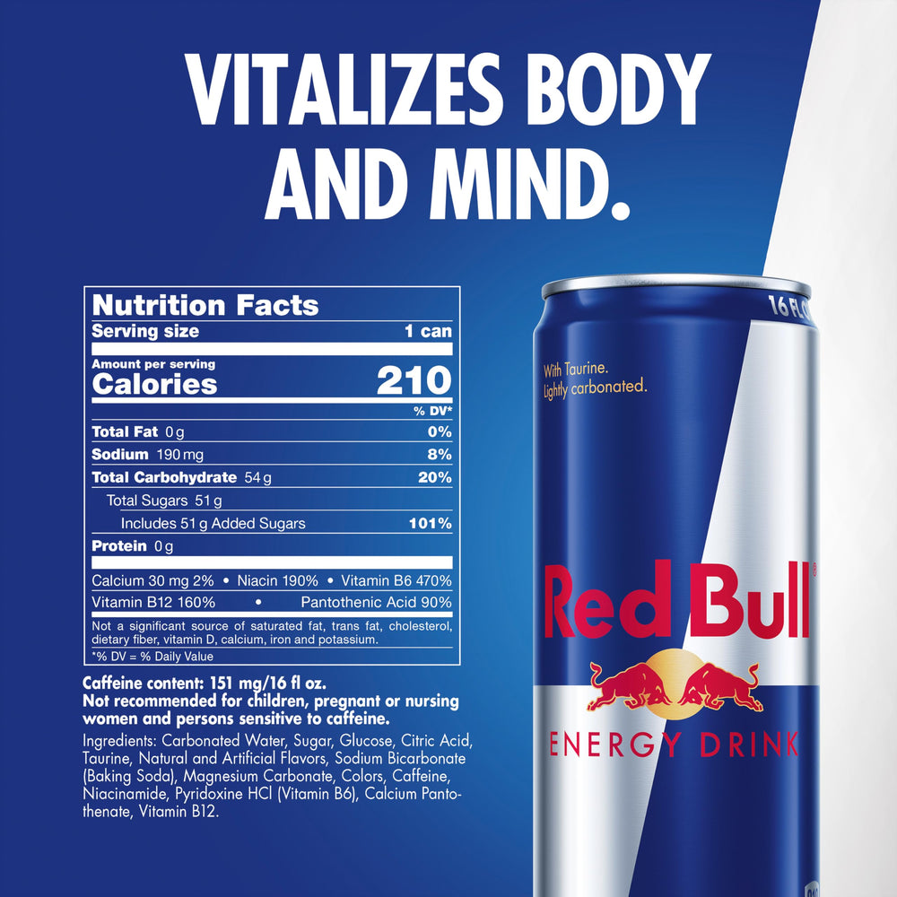 Red Bull energy can highlights caffeine and taurine for alertness.
