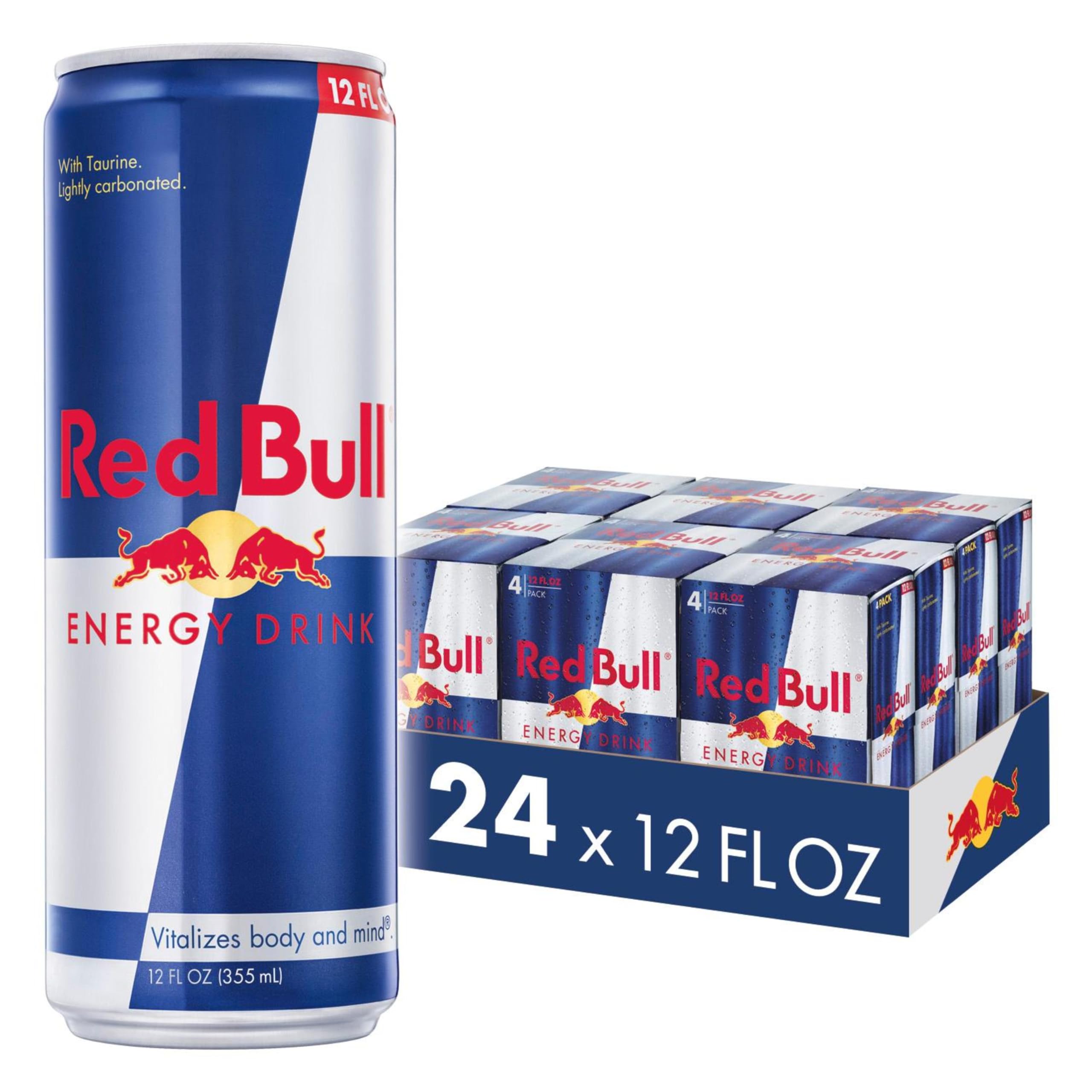Red Bull energy drink can front view emphasizing quick energy for focus and alertness.