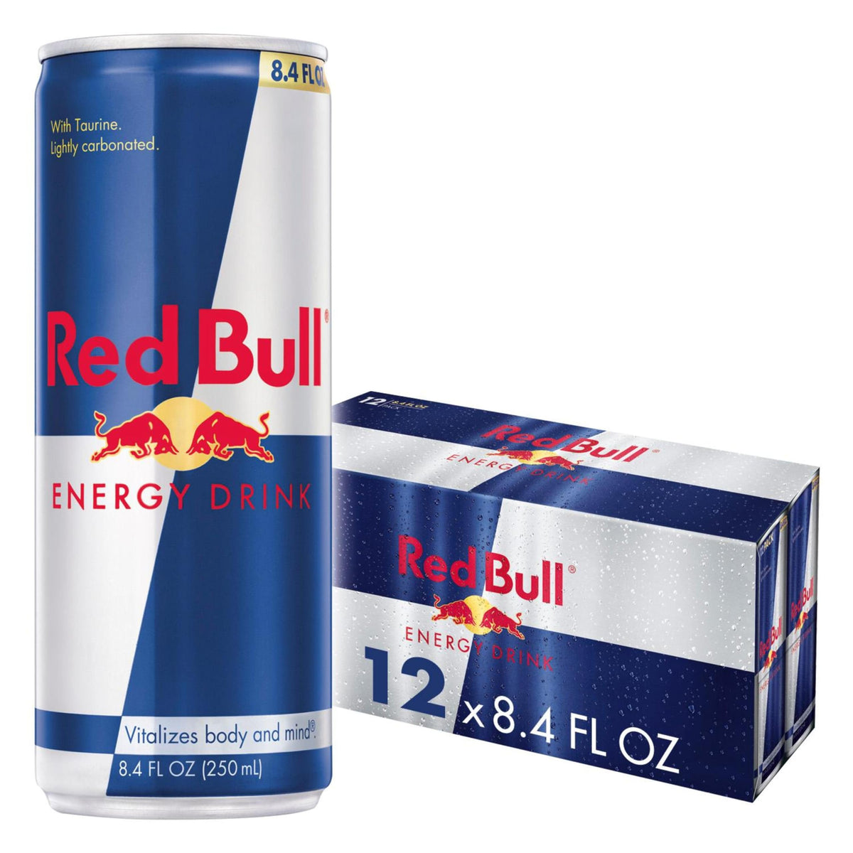 Red Bull energy drink can front showing a crisp caffeine boost for your day.