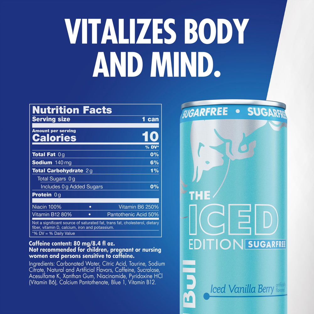 Red Bull Iced Edition Sugarfree ice-crystal bubbles highlight a cool, revitalizing sip.