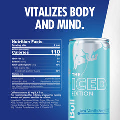 Red Bull Iced Vanilla Berry can side, easy grab-and-go packaging for workouts.