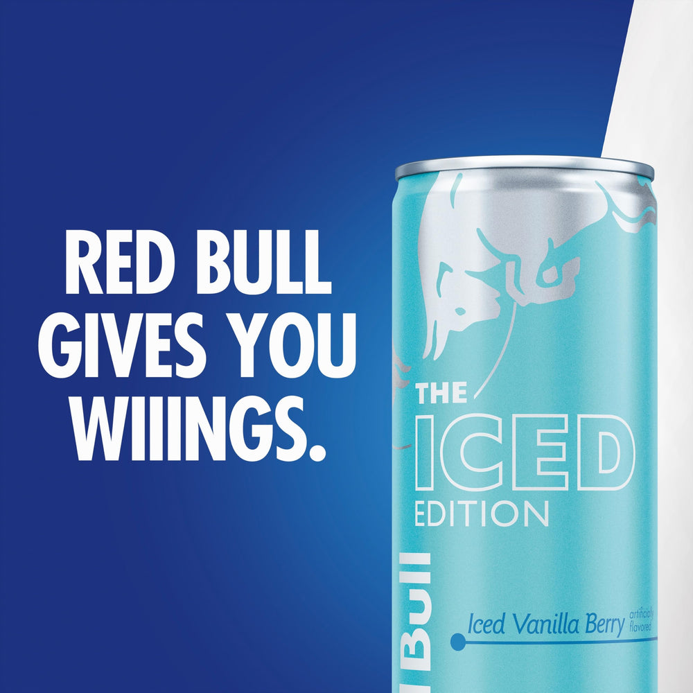 Red Bull Iced Vanilla Berry ice-cold visual, refreshing energy before workouts.