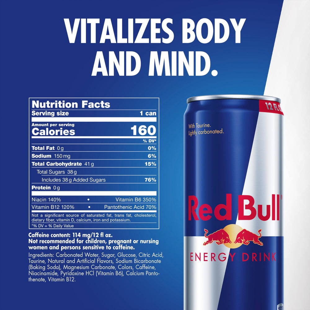 Red Bull can label showing nutrition and caffeine information for energy.