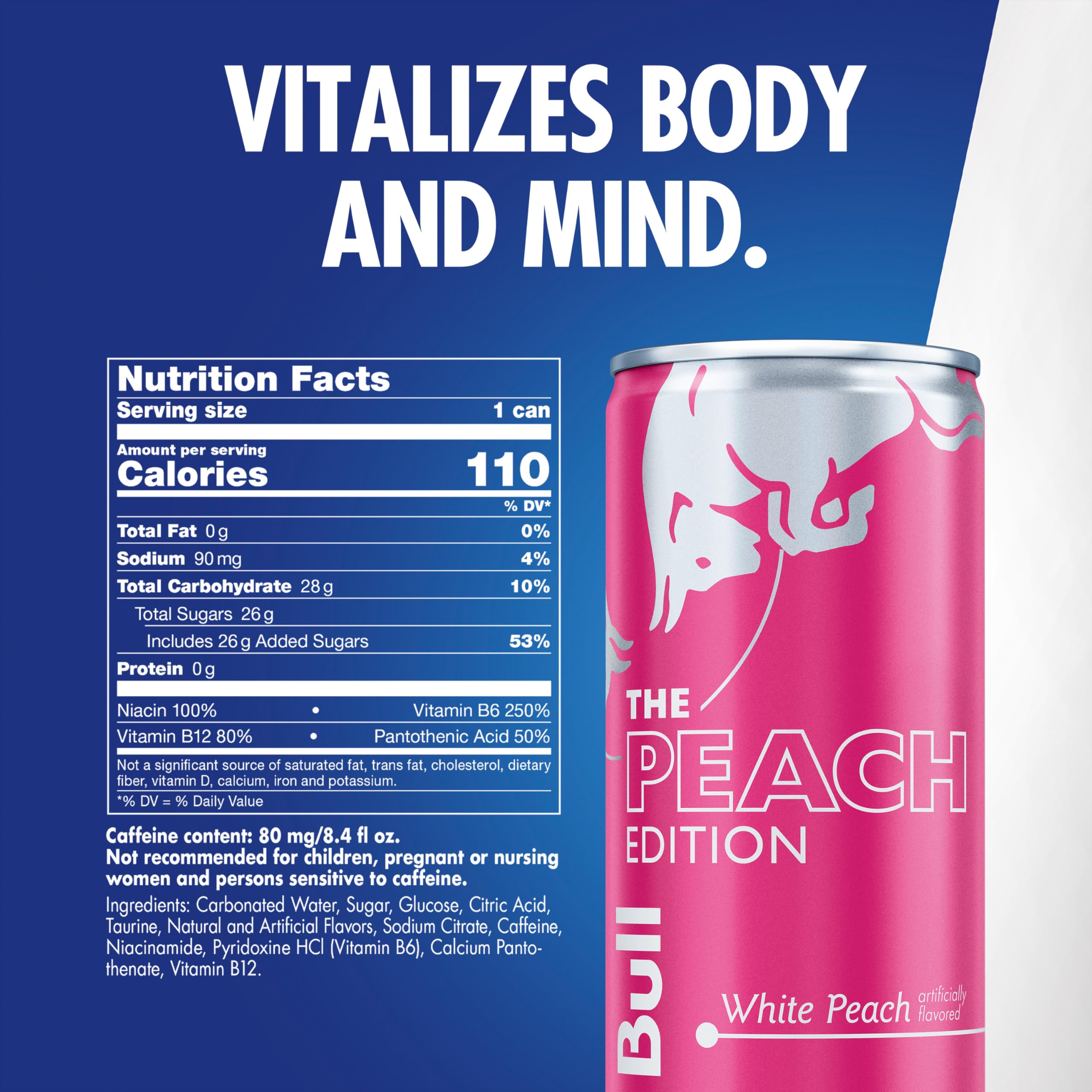 Closeup of Red Bull Peach Edition ingredient label emphasizing caffeine and taurine for focus.