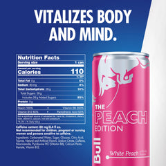 Closeup of Red Bull Peach Edition ingredient label emphasizing caffeine and taurine for focus.
