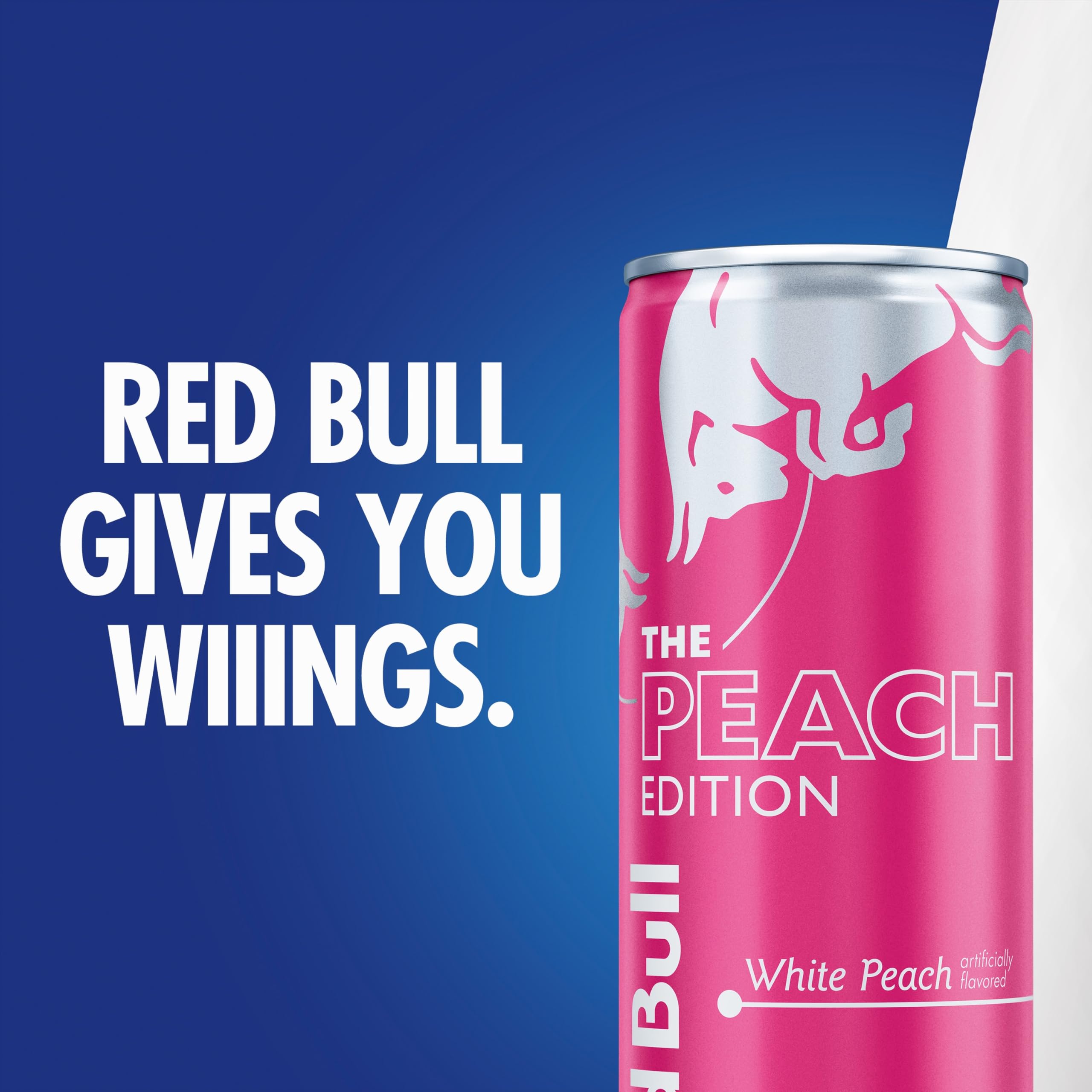 Recyclable aluminum can from Red Bull Peach Edition supporting sustainable packaging.