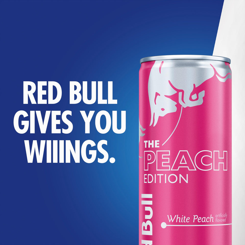 Recyclable aluminum can from Red Bull Peach Edition supporting sustainable packaging.