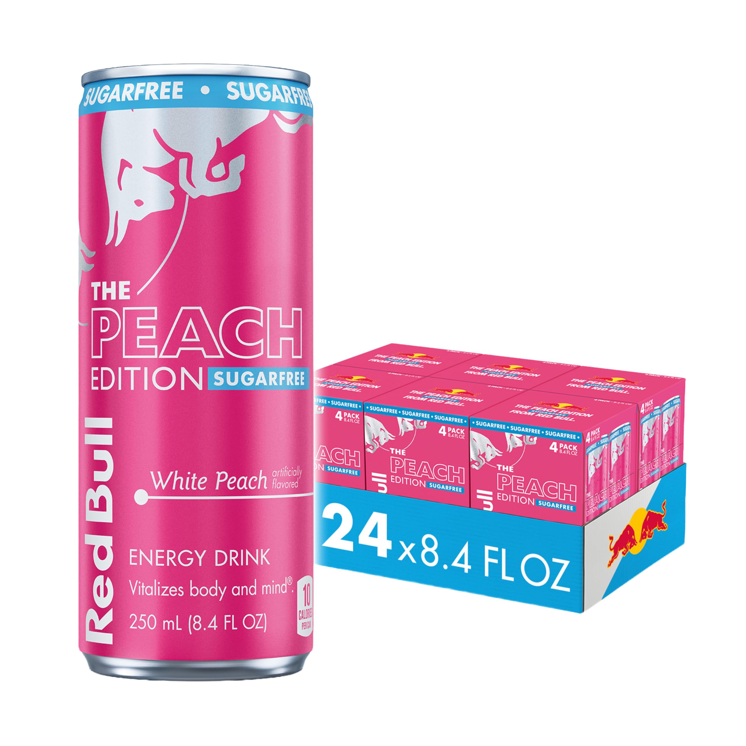 Red Bull Peach Edition Sugarfree can front view, crisp white peach flavor with refreshing energy