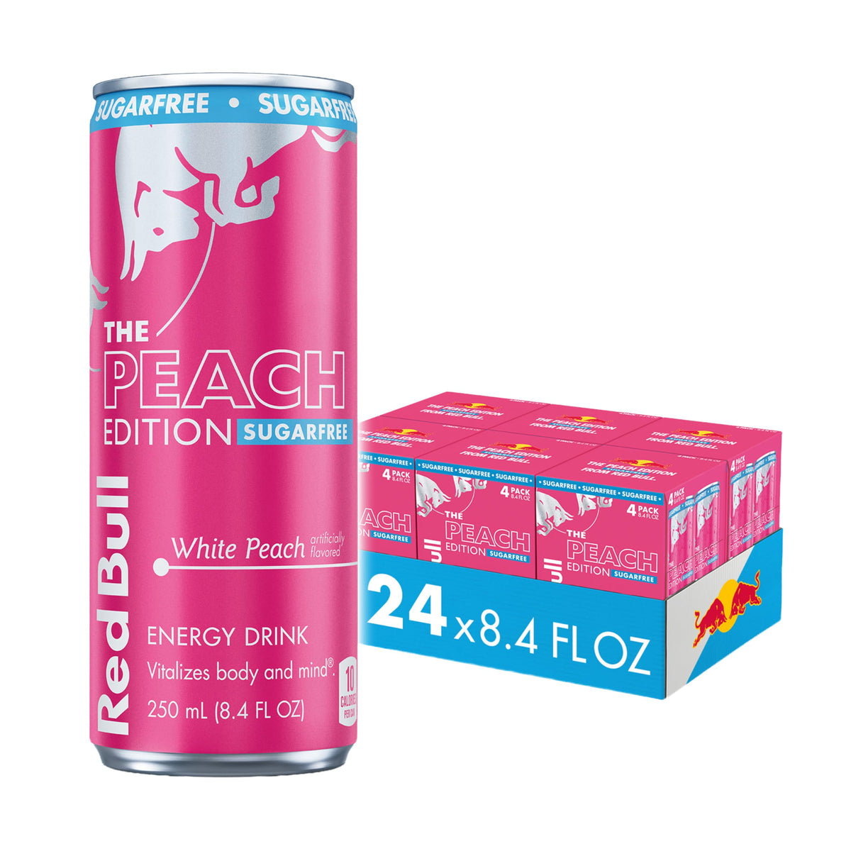 Red Bull Peach Edition Sugarfree can front view, crisp white peach flavor with refreshing energy
