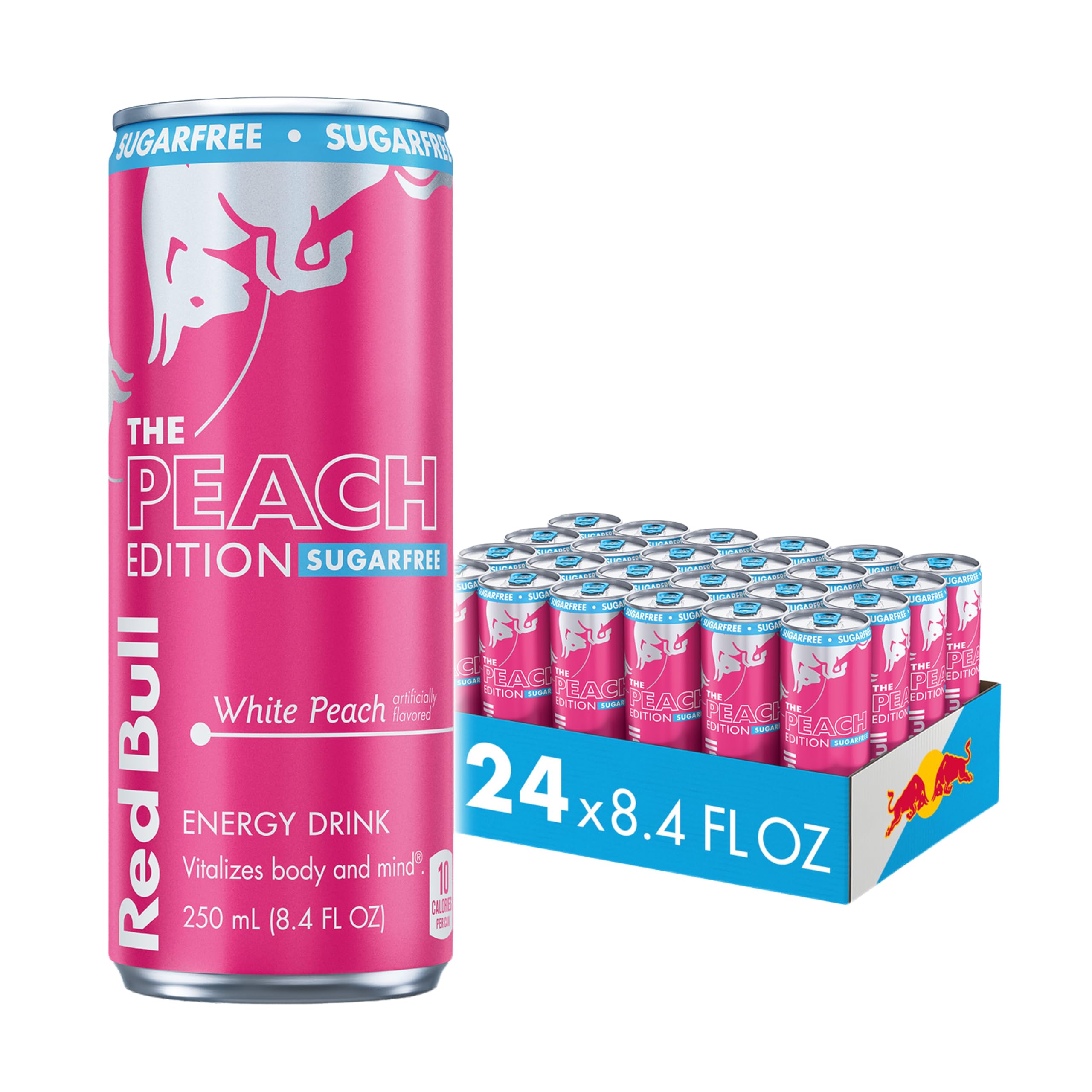 Red Bull Peach Edition Sugarfree can front view, on-the-go energy and focus.