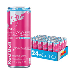 Red Bull Peach Edition Sugarfree can front view, on-the-go energy and focus.