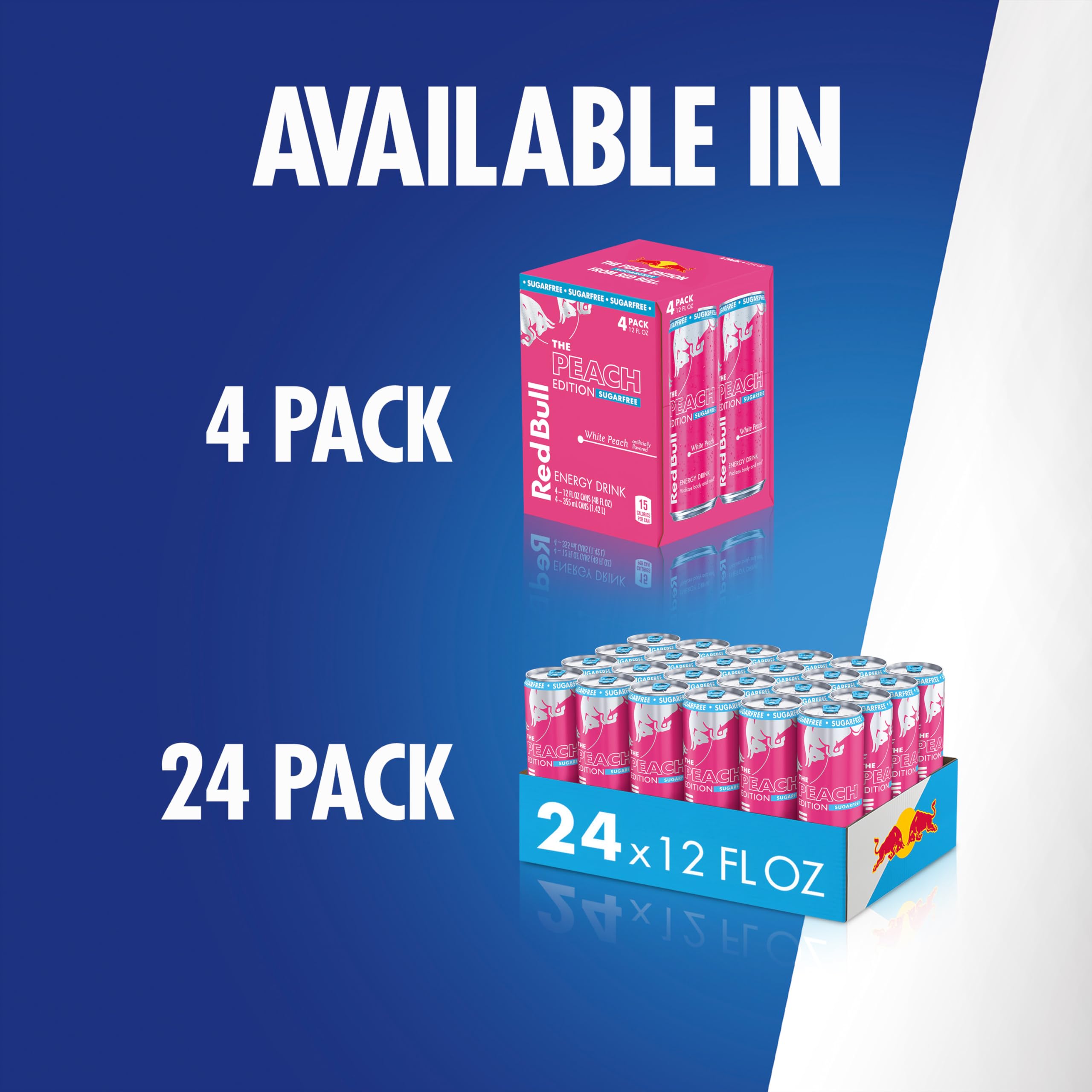 Red Bull Peach Edition Sugarfree four-pack ideal for travel and workouts.