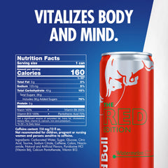 Red Bull Red Edition Watermelon can side view highlighting caffeine and flavor
