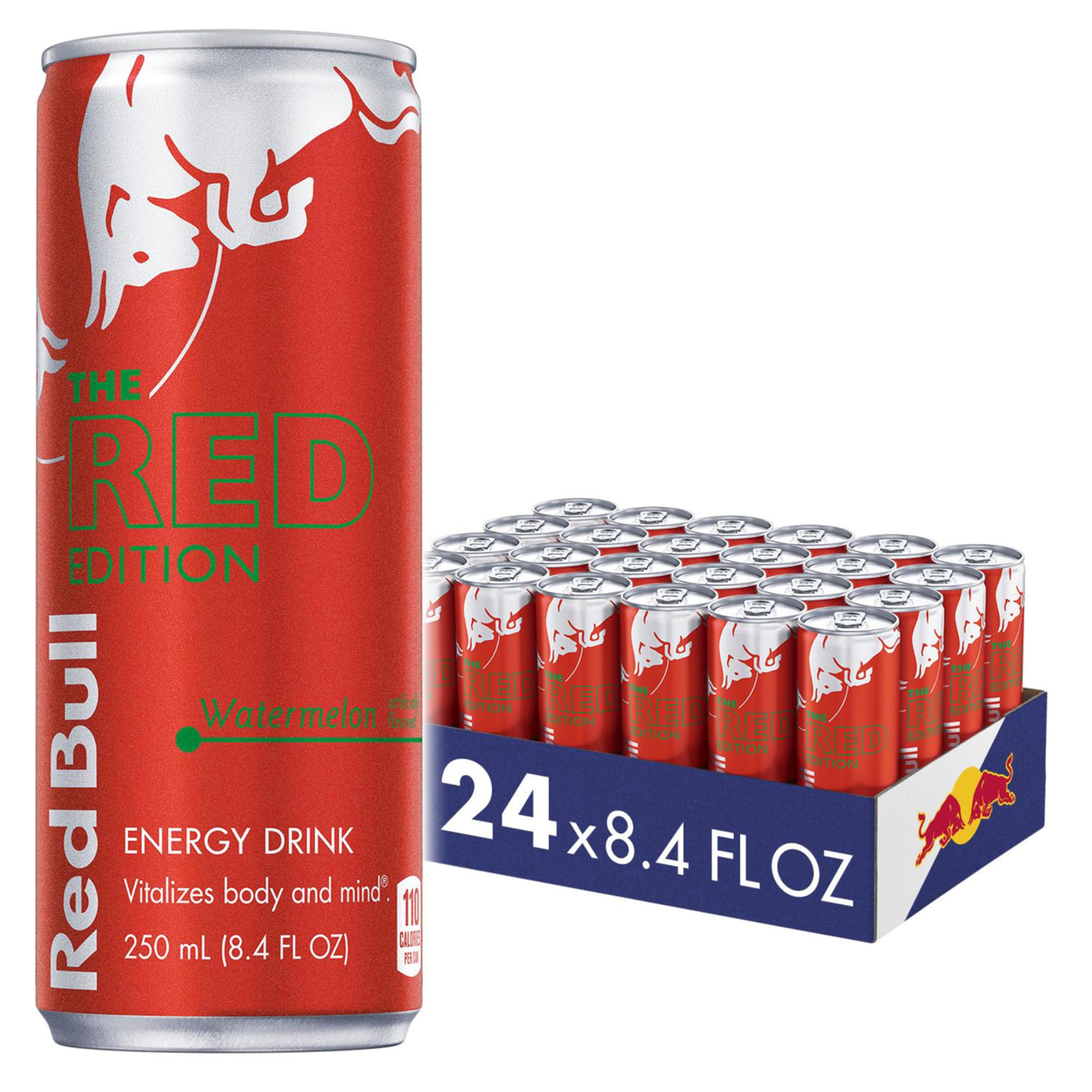 Red Bull Red Edition Watermelon cans in a 24 pack display for on the go boosts.