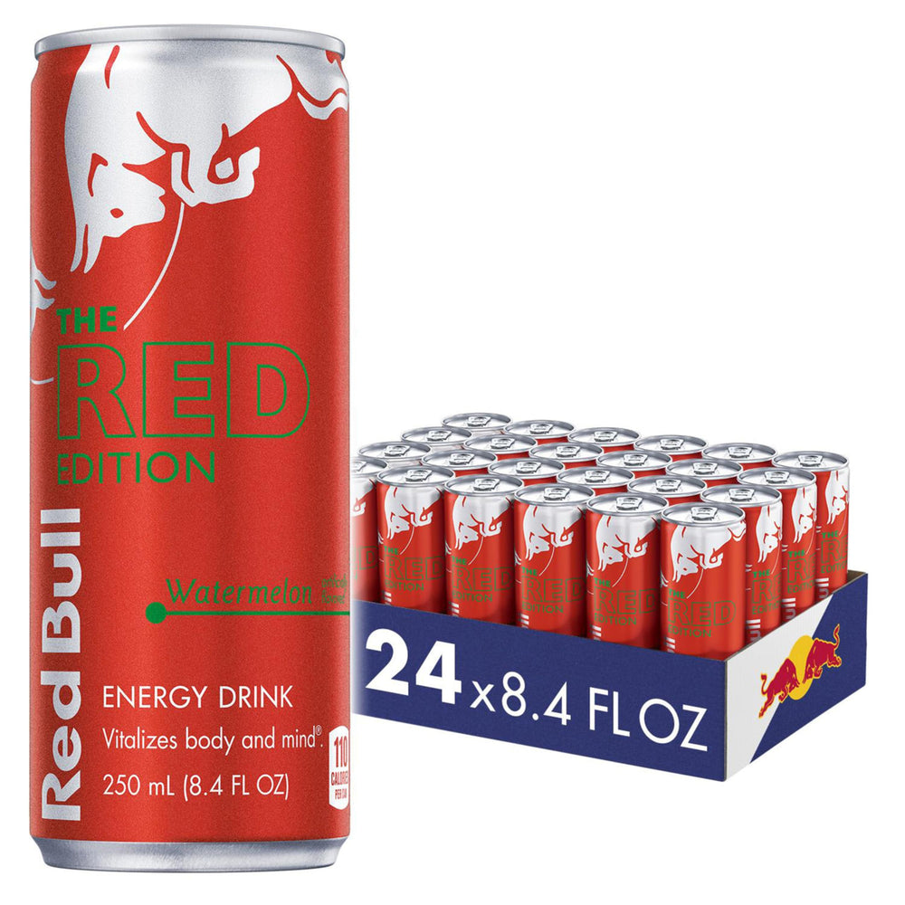Red Bull Red Edition Watermelon cans in a 24 pack display for on the go boosts.