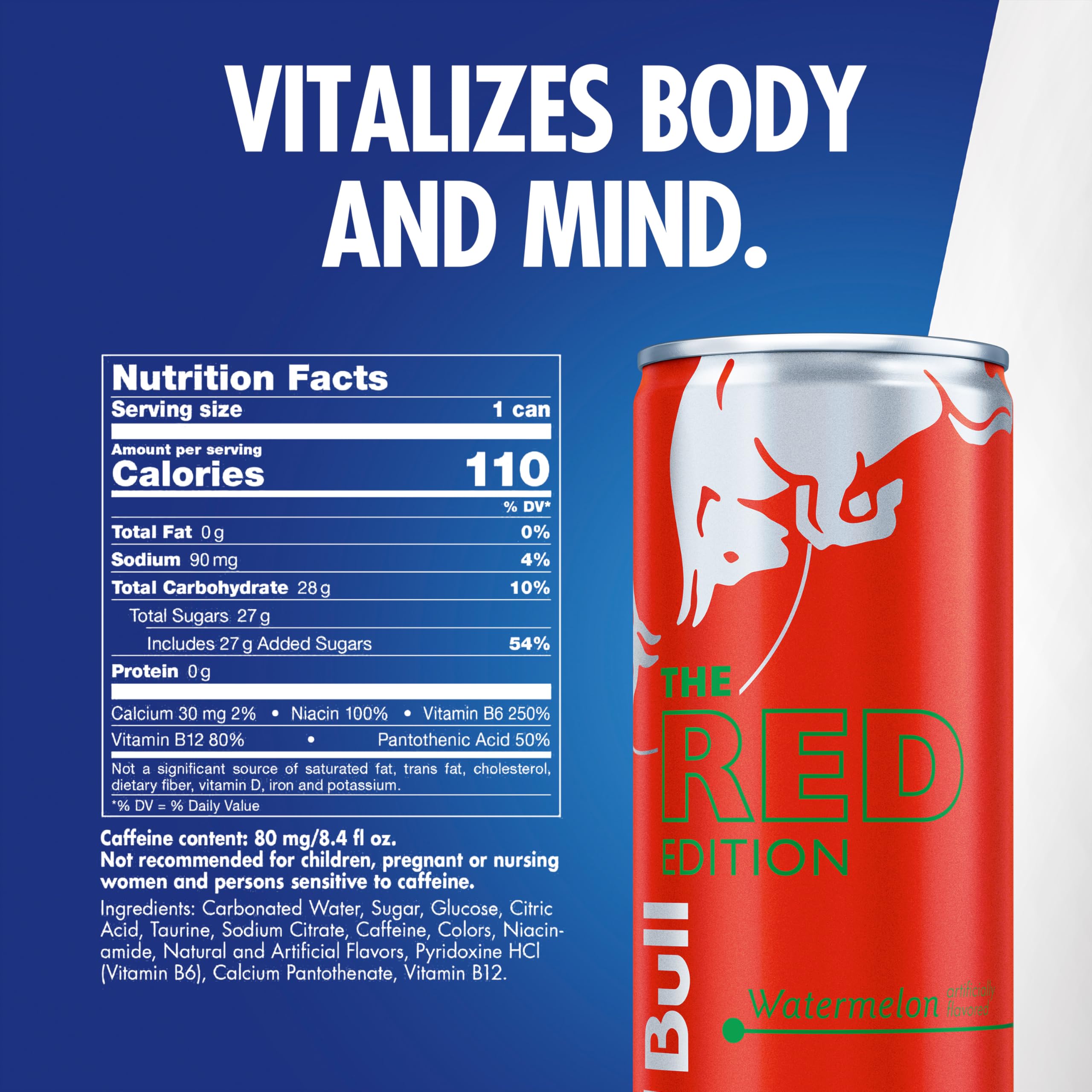 Red Bull Red Edition Watermelon can side view showing sleek packaging and caffeine lift.