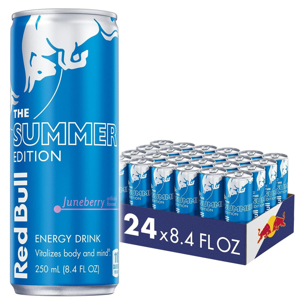 Red Bull Sea Blue Edition energy drink can on a desk boosts focus for work or study