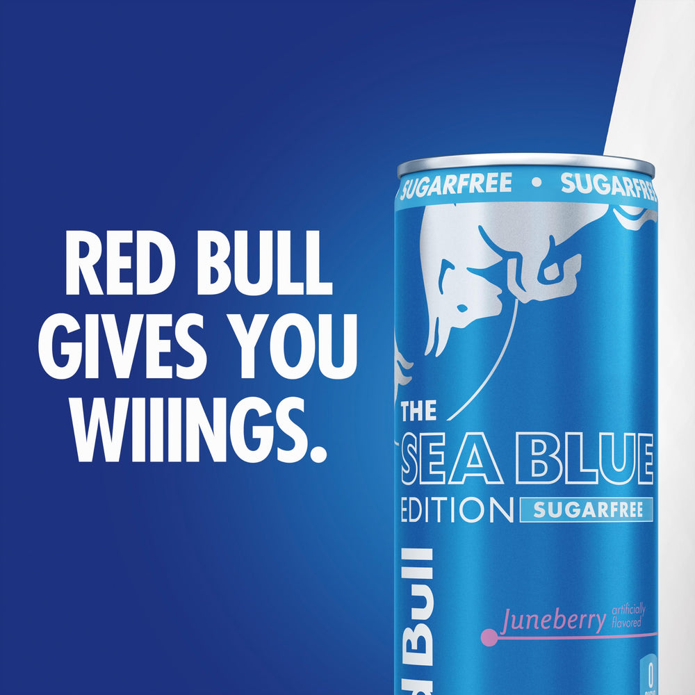 Red Bull Sea Blue Edition label featuring recyclable aluminum can.