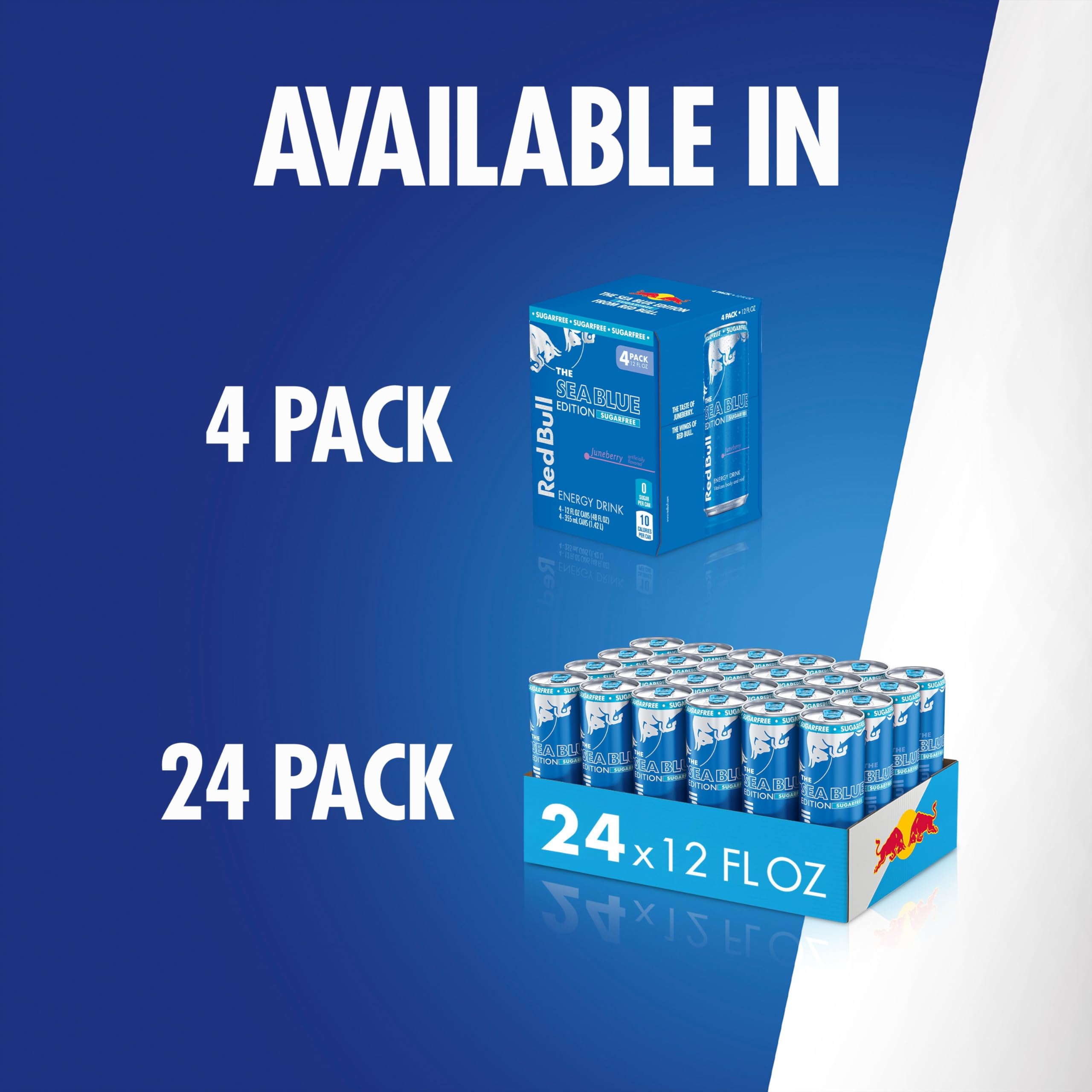 Red Bull Sea Blue Edition pack of four cans on shelf.