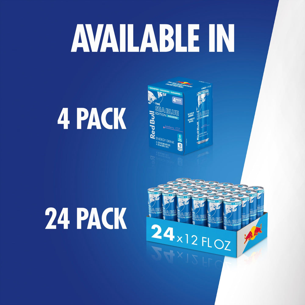 Red Bull Sea Blue Edition pack of four cans on shelf.