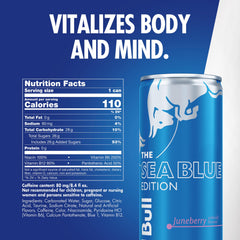 Red Bull Sea Blue Edition being poured into a glass, suggesting refreshing energy for a break