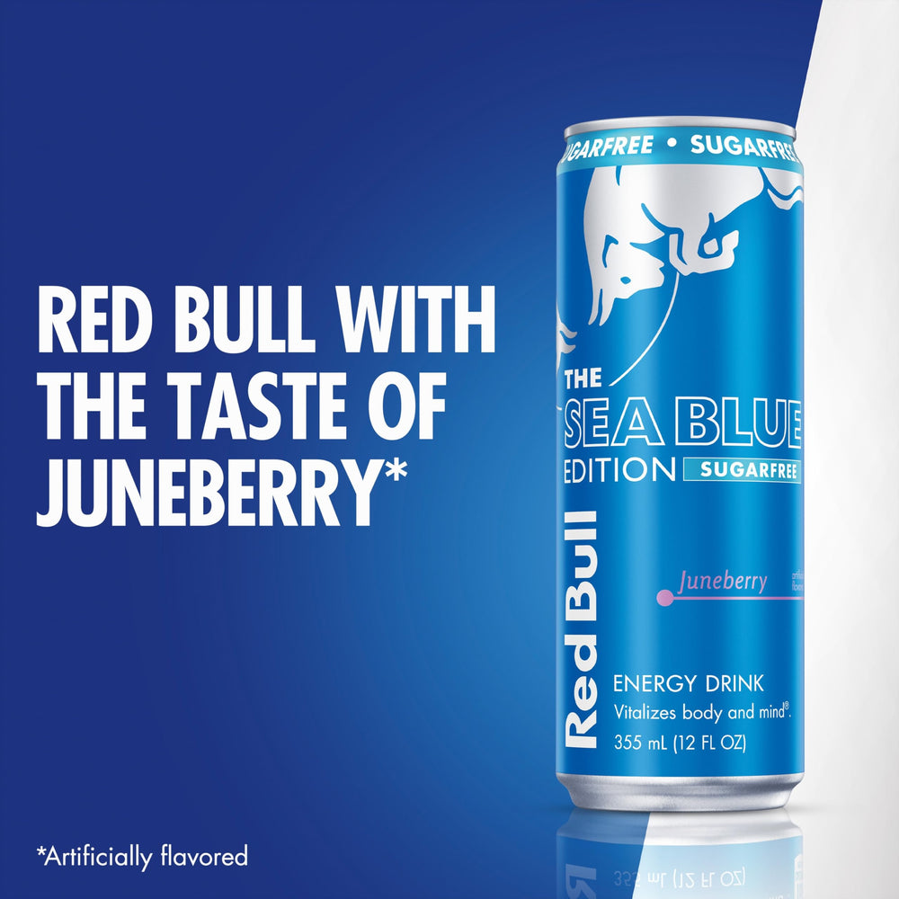 Red Bull Sea Blue Edition branding with energy and berry appeal.