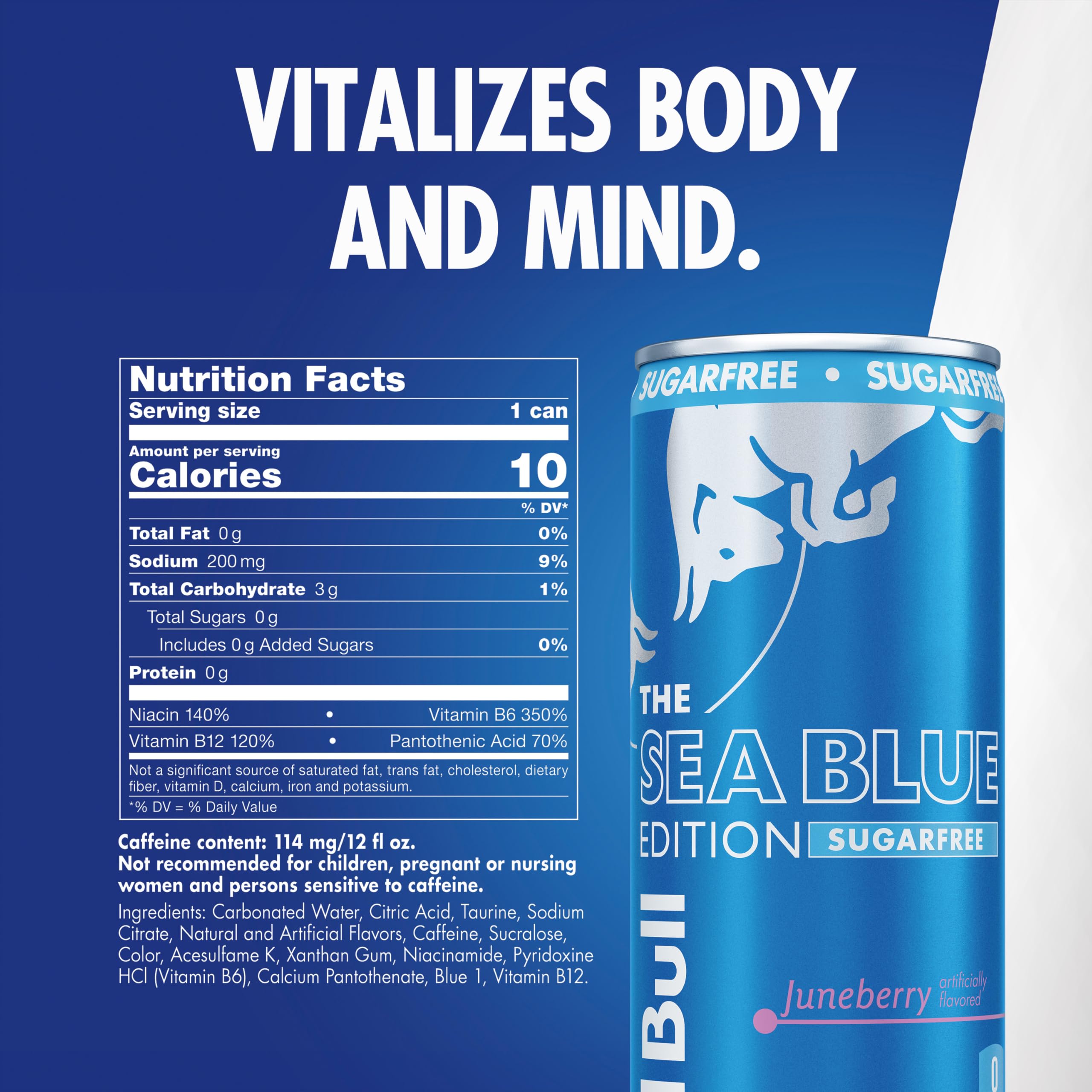 Sea Blue Edition sugar-free can tilted to show Juneberry flavor.