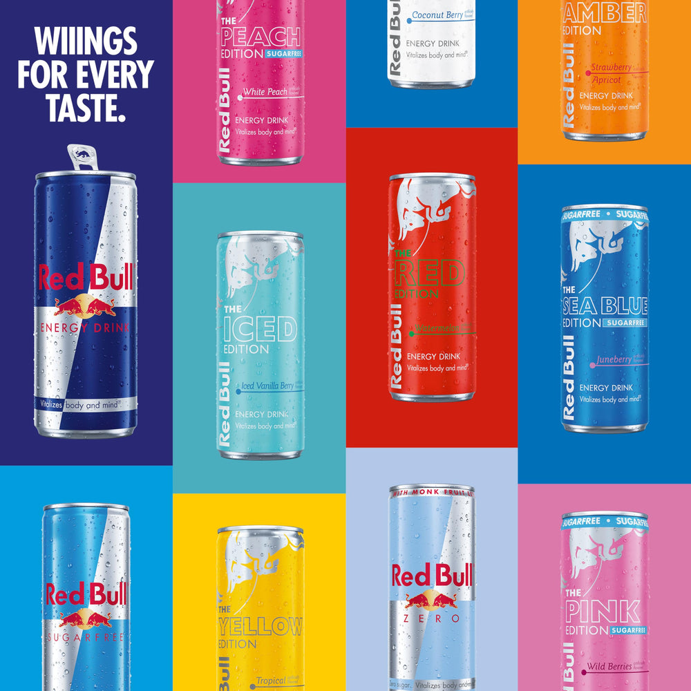 Red Bull sugar and caffeine info label for quick, focused refreshment.