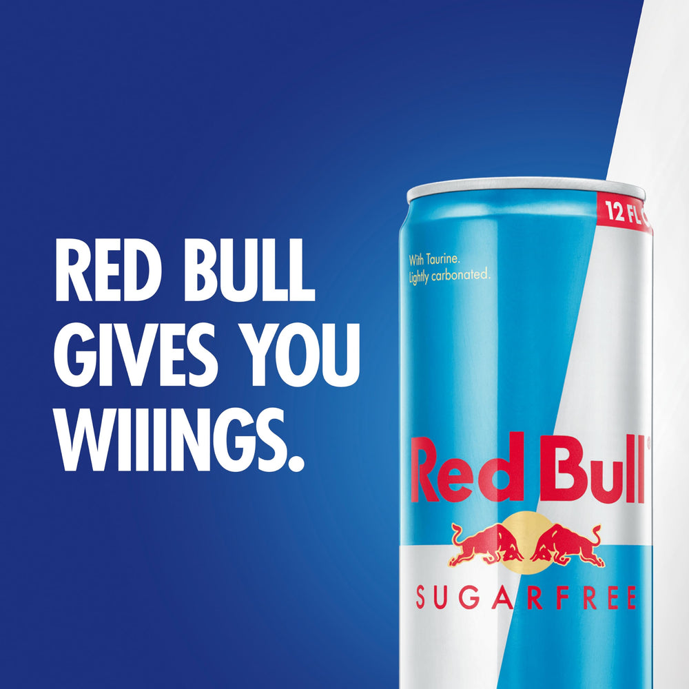 Chilled Red Bull Sugar Free cans in a cooler
