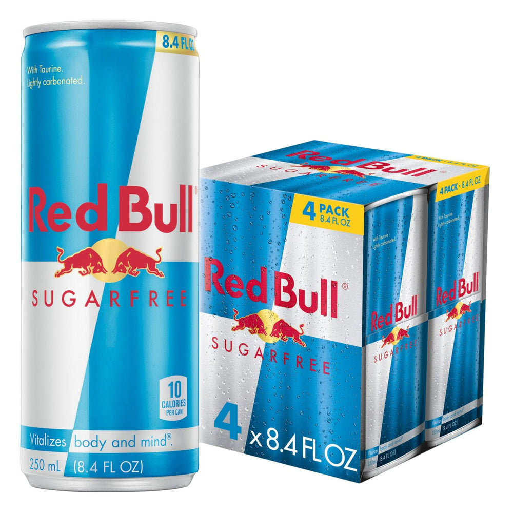 Red Bull Sugar Free 4-pack front view for quick energy on the go.