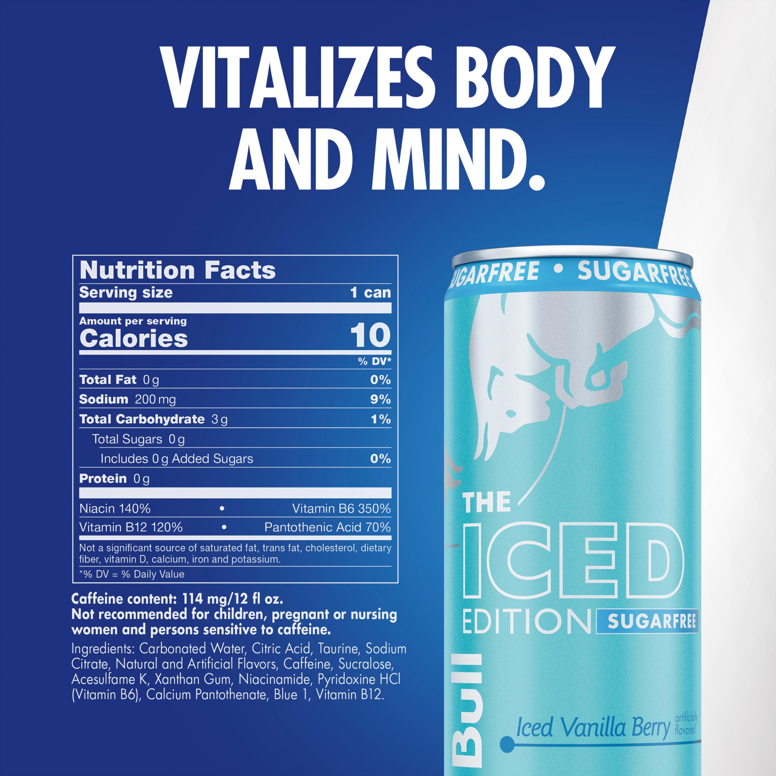 Red Bull Sugar-Free Iced Vanilla Berry can side view highlighting label and caffeine