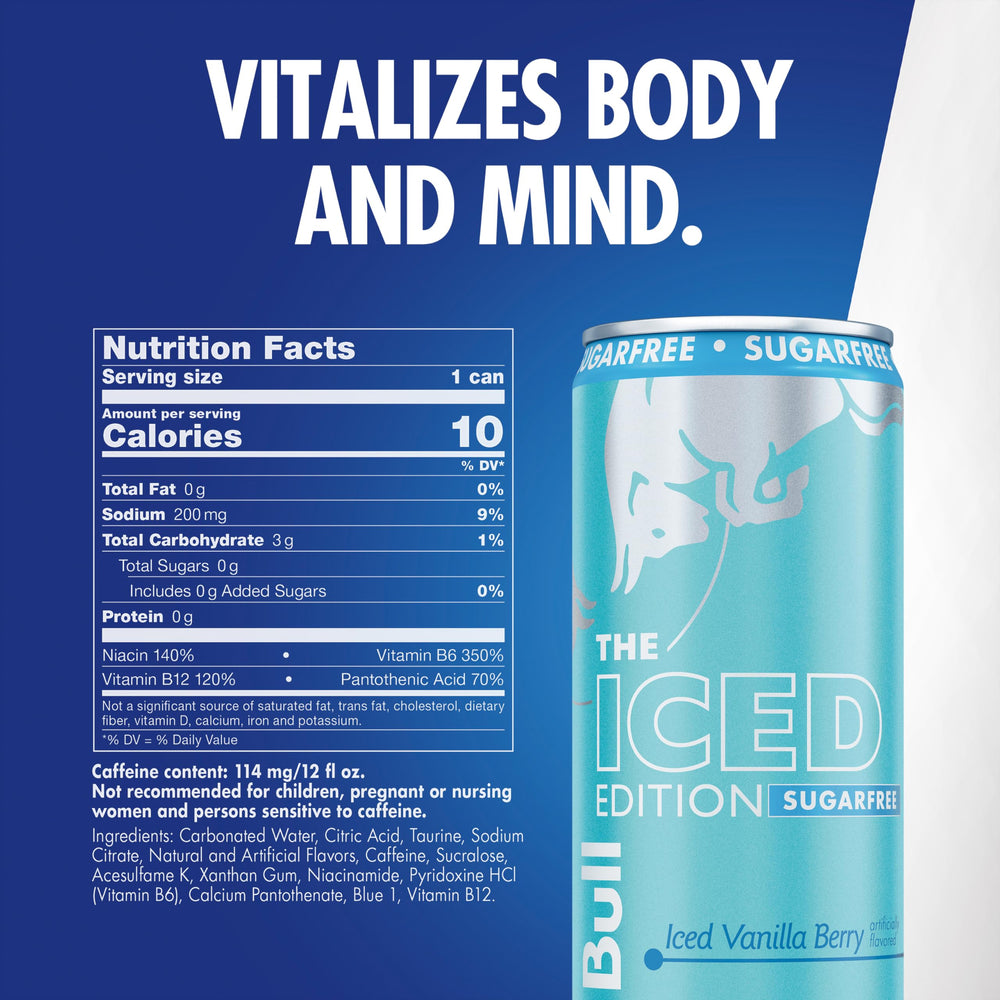 Red Bull Sugar-Free Iced Vanilla Berry can side view highlighting label and caffeine