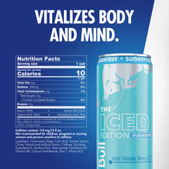 Red Bull Sugar-Free Iced Vanilla Berry can side view highlighting label and caffeine