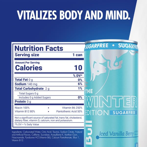 Red Bull Sugar-Free Iced Vanilla Berry front-label detailing caffeine and B vitamins.