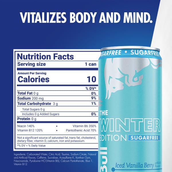 Red Bull Sugar-Free Iced Vanilla Berry label close-up with vitamins details