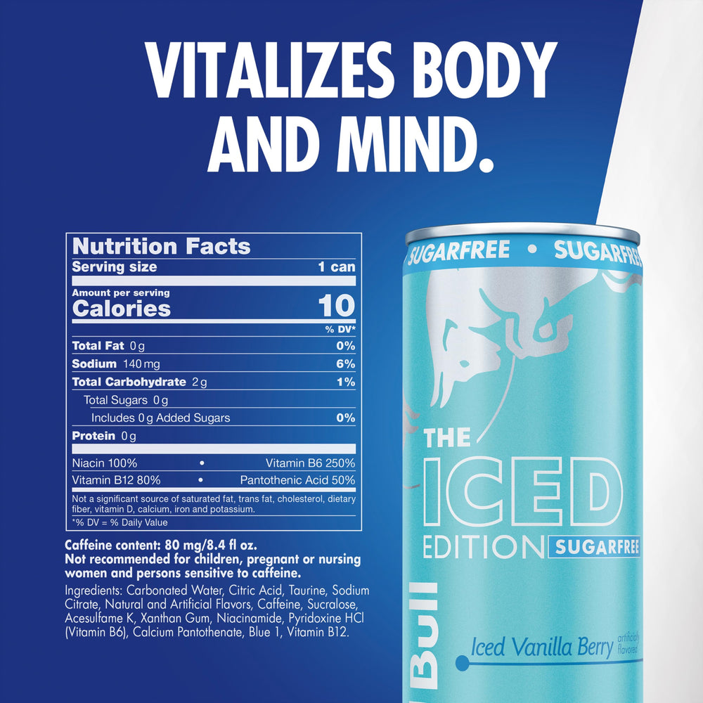 Red Bull Sugar-Free Iced Vanilla Berry pack of 24 cans ready for game night.