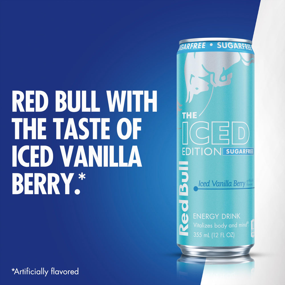 Red Bull Sugar-Free Iced Vanilla Berry cans on store display inviting shoppers