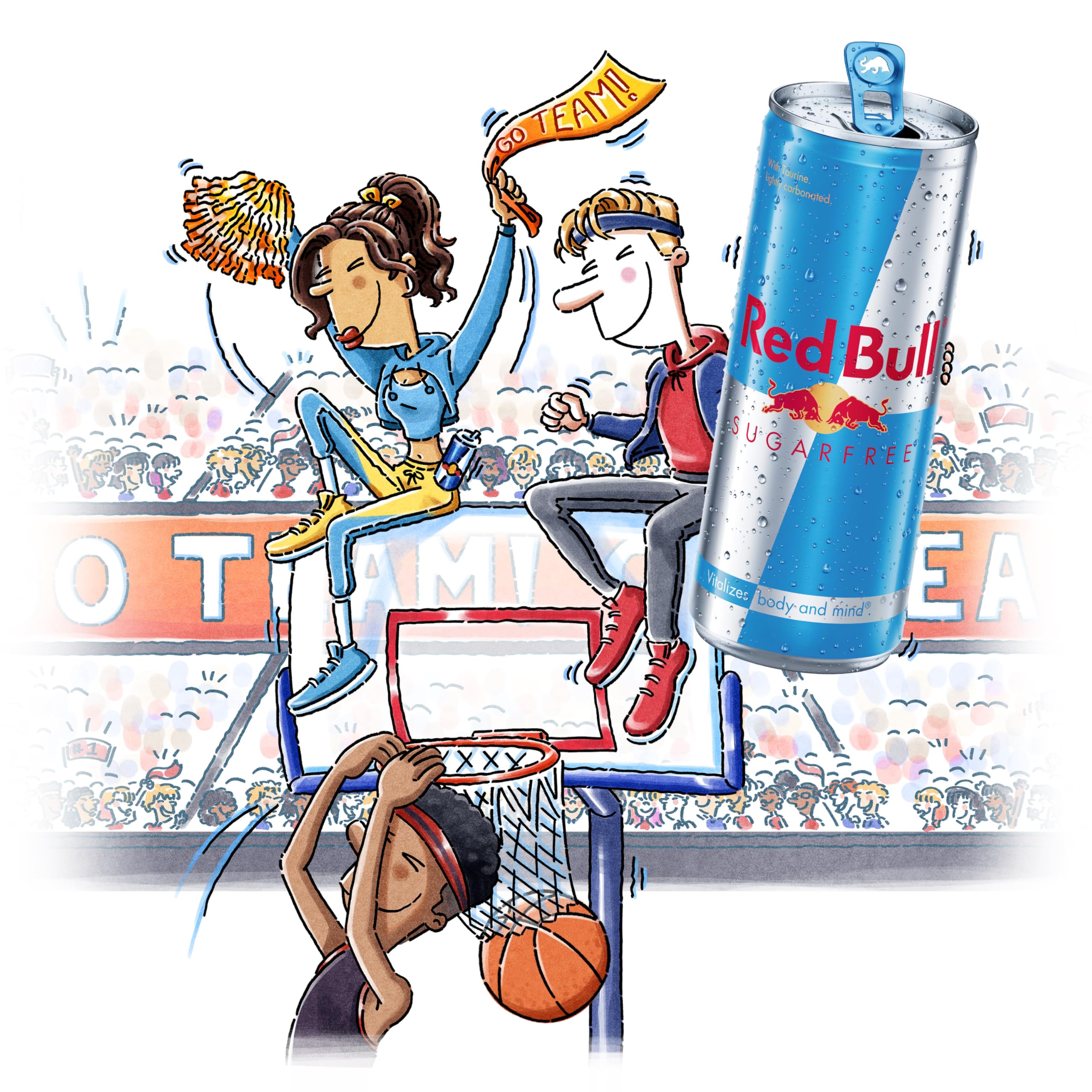 Red Bull Sugar Free six-pack on counter for ready-to-drink energy during tasks.