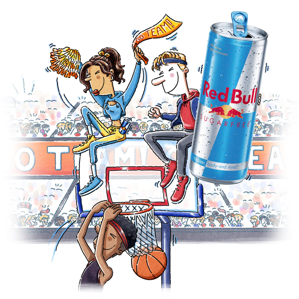 Red Bull Sugar Free six-pack on counter for ready-to-drink energy during tasks.