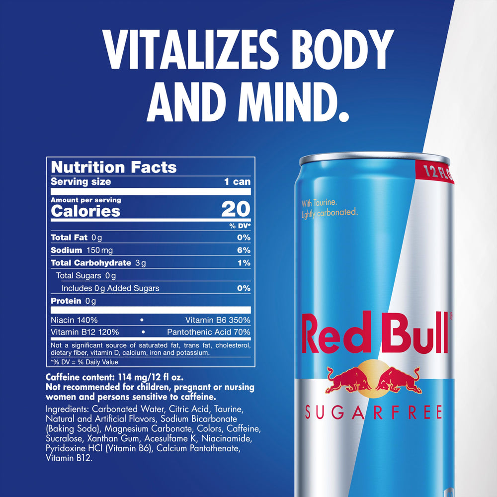 Close-up of a Red Bull Sugarfree 12oz can showing crisp energy