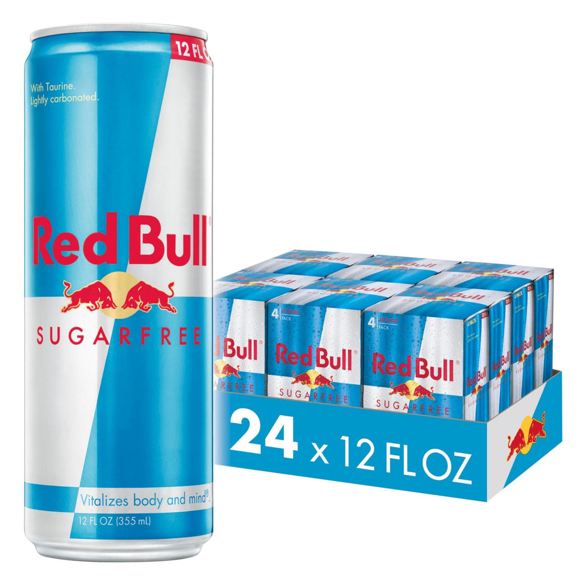 Red Bull Sugarfree 12oz can on a desk ready for action, suggesting a quick energy boost