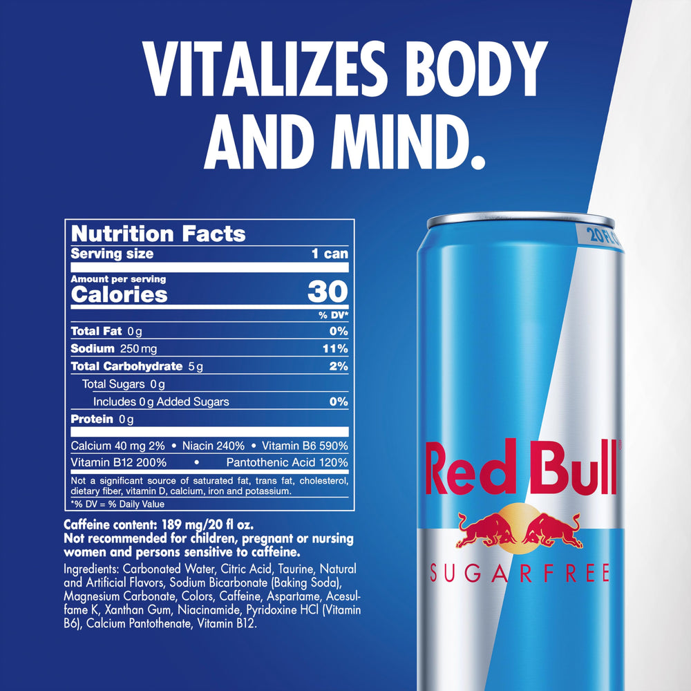 Red Bull SugarFree can side angle highlighting compact caffeine source