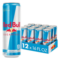 Red Bull Sugar Free can front view highlights no sugar and bold energy.