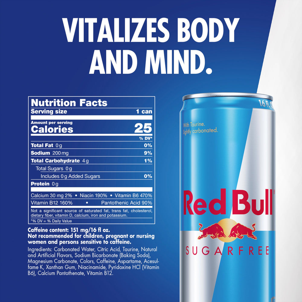 Red Bull Sugar Free can side view showcases compact energy for on the go.