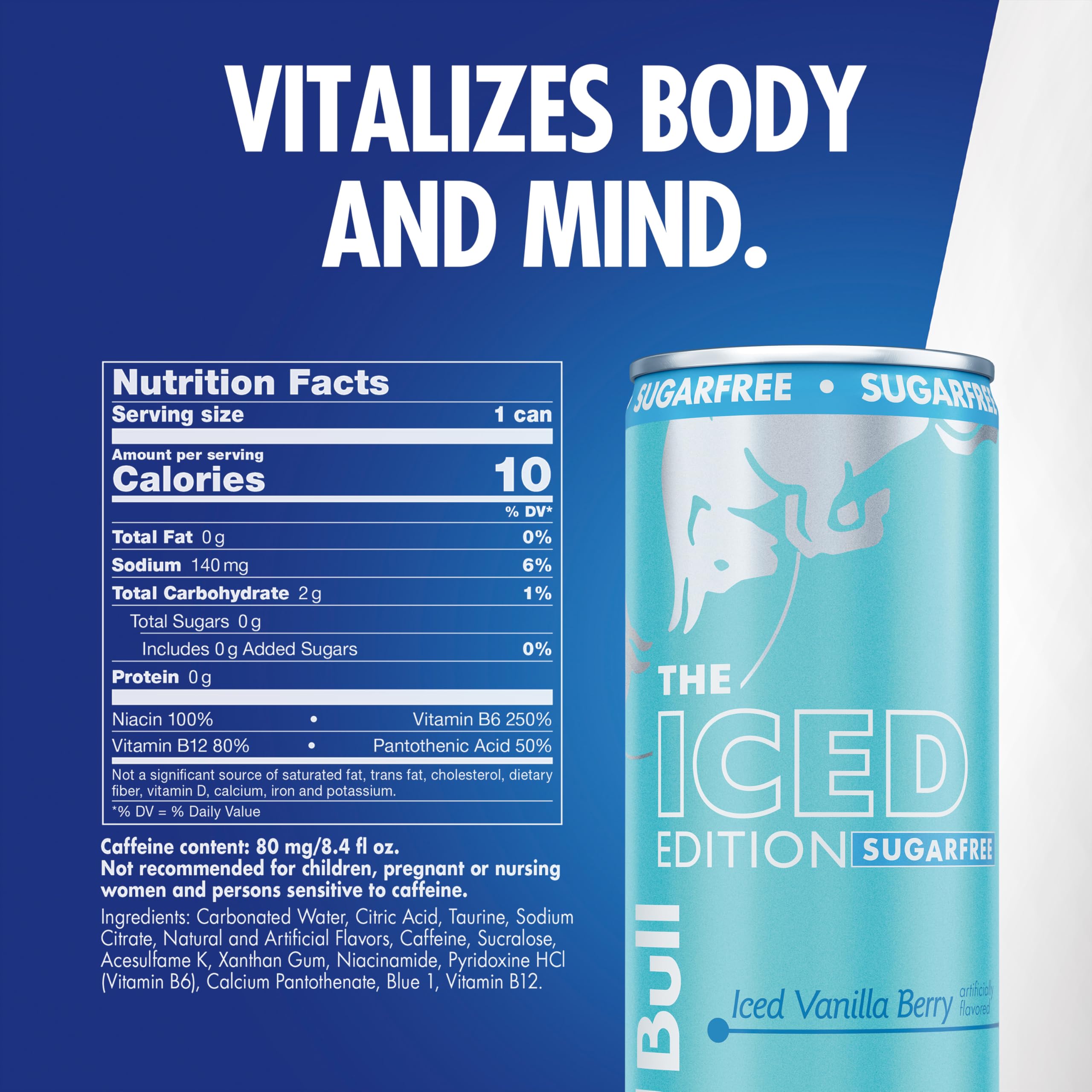 Red Bull Sugarfree Iced Vanilla Berry can side view shows portable design for quick lift
