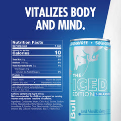Red Bull Sugarfree Iced Vanilla Berry can side view shows portable design for quick lift