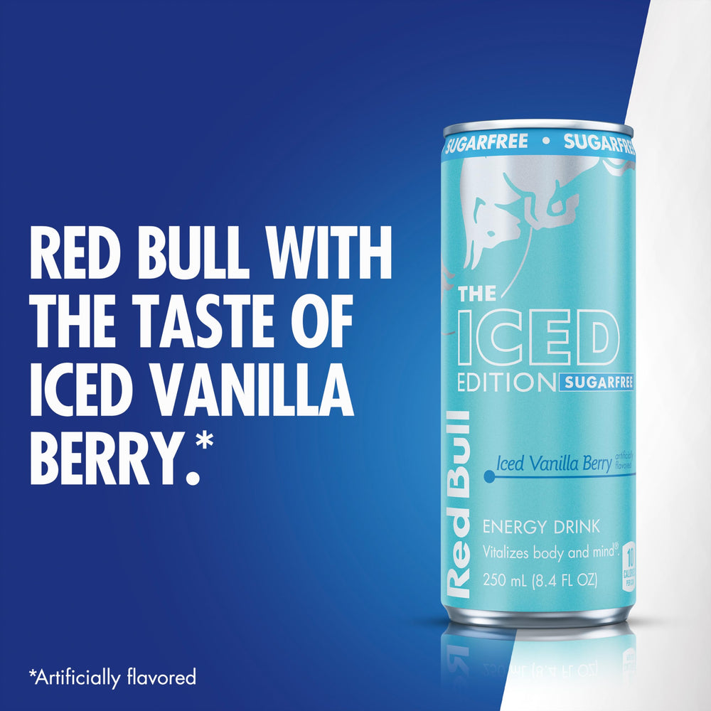 Travel-friendly Red Bull Sugarfree Iced Vanilla Berry can in a carry case