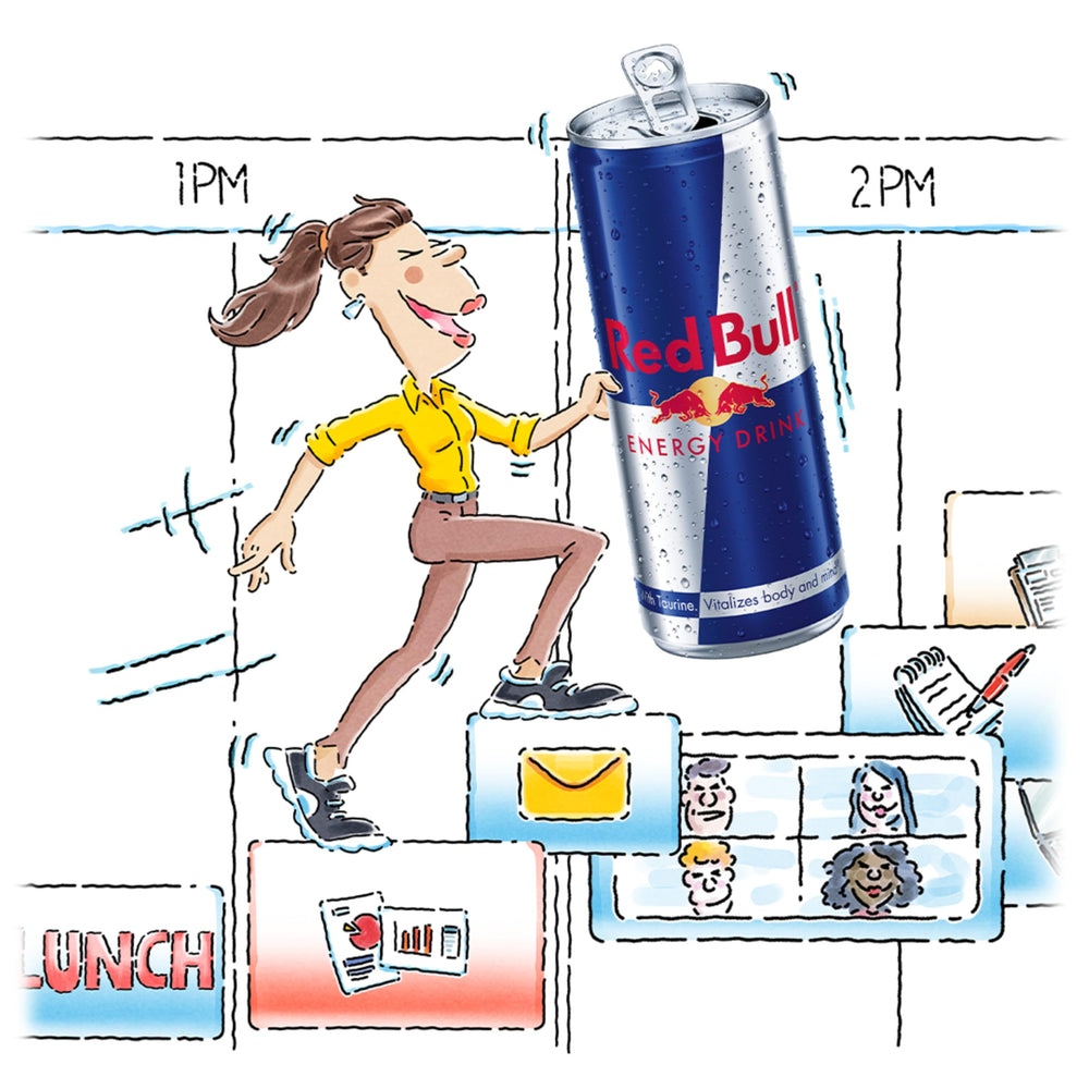 Red Bull variety-pack display showing multiple flavors for on-the-go choices.