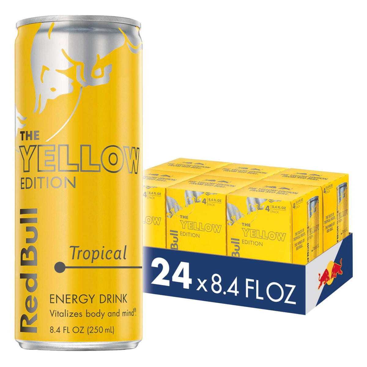 Red Bull Yellow Edition Tropical can close-up showing tropical aroma and energy boost