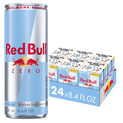 Red Bull Zero can, ice-cold close-up, boosts alertness for busy days.